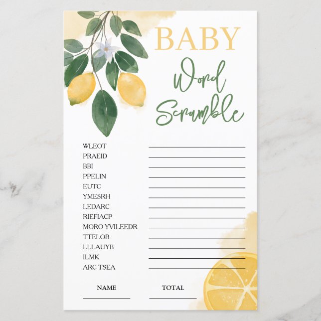 Lemon Word Scramble Baby Shower Game (正面)