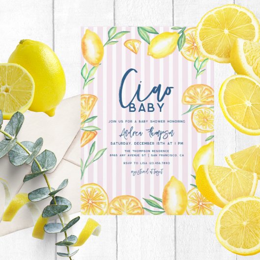 Lemon Yellow Citrus Retro Modern Baby Shower 招待状