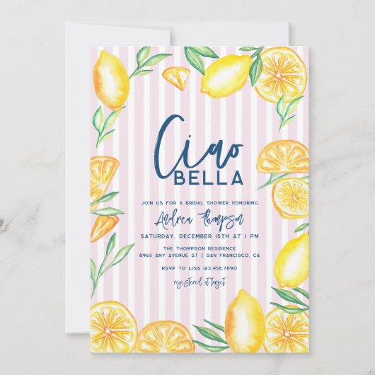 Lemon Yellow Citrus Retro Modern Bridal Shower 招待状 (正面)