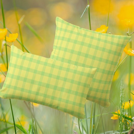 Lemon Yellow Lime Green Rustic Plaid Check ランバークッション