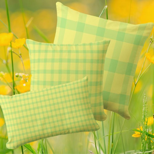 Lemon Yellow Lime Green Rustic Plaid Check ランバークッション