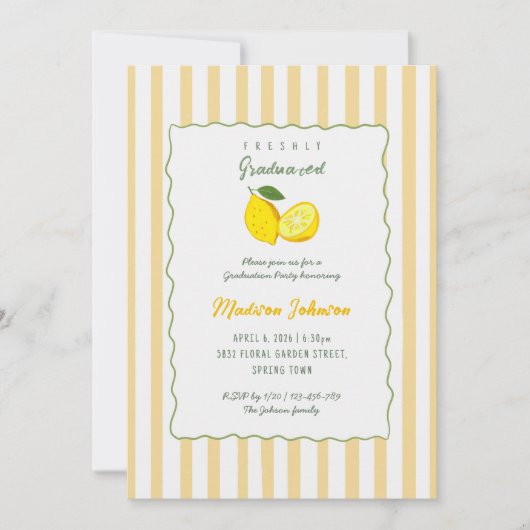Lemon Yellow Stripe Chic Graduation Party 招待状 (正面)