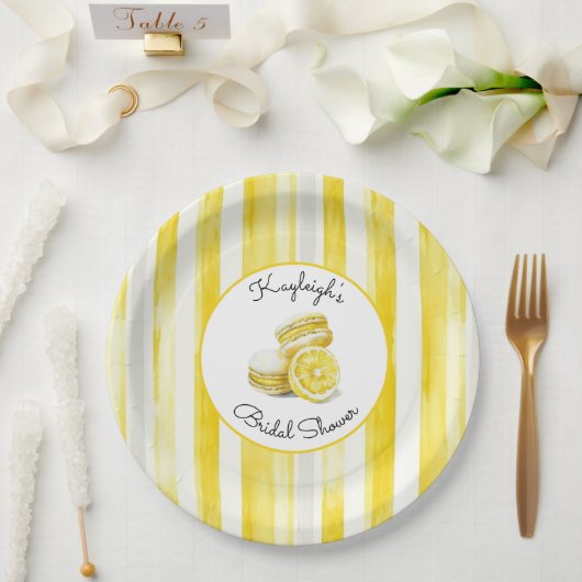 Lemon Yellow Stripes Macarons Bridal Shower  ペーパープレート (ウェディング)