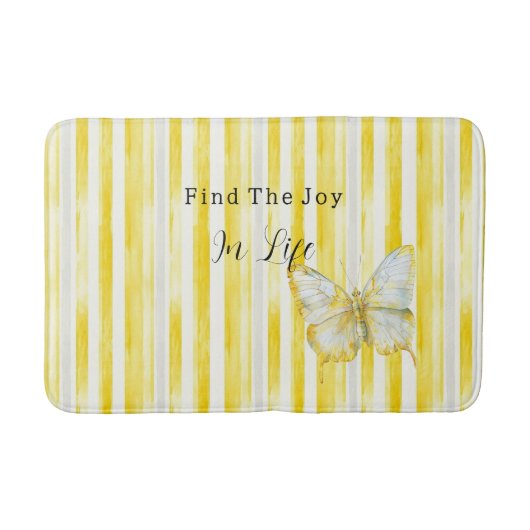 Lemon Yellow White Stripes Butterfly Find Joy バスマット (正面)