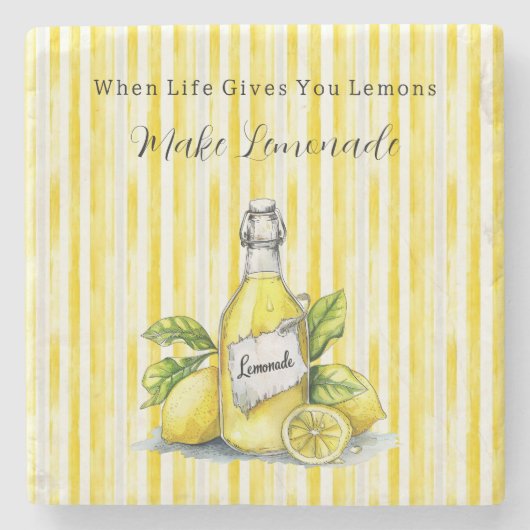 Lemon Yellow White Stripes Lemonade ストーンコースター (正面)