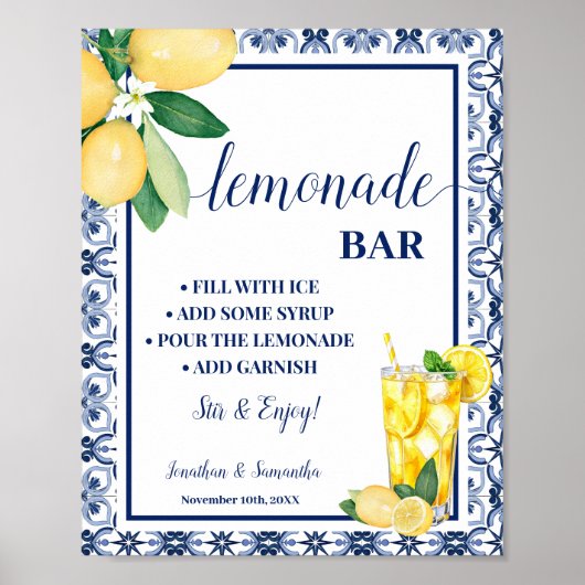 Lemonade Bar Blue Mediterranean Lemons Sign ポスター (正面)