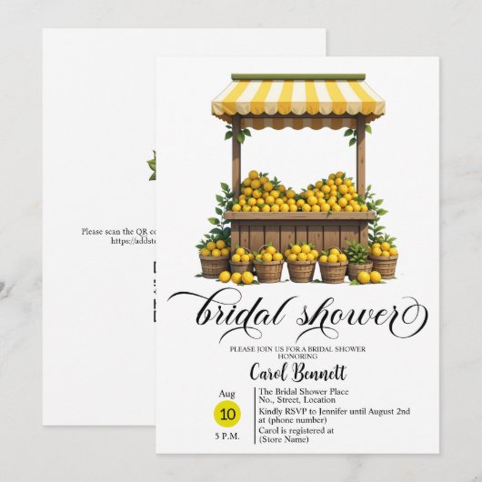Lemonade Stand Mediterranean Summer Bridal Shower 招待状 (正面/裏面)
