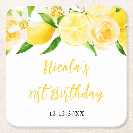 Lemons and Foliage Birthday スクエアペーパーコースター (正面)
