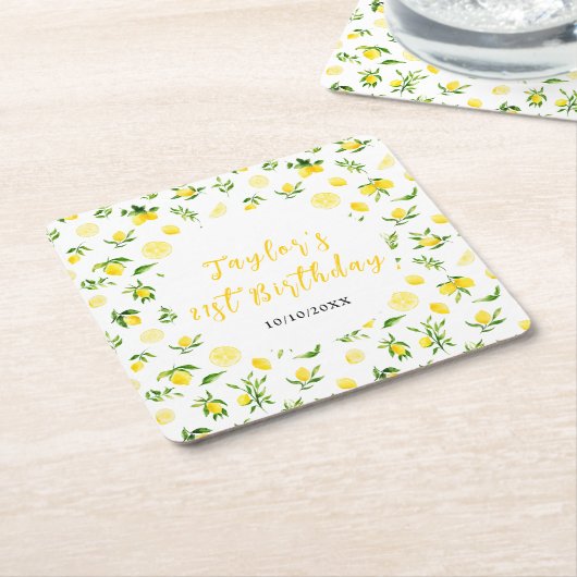 Lemons and Foliage Birthday スクエアペーパーコースター (アングル)