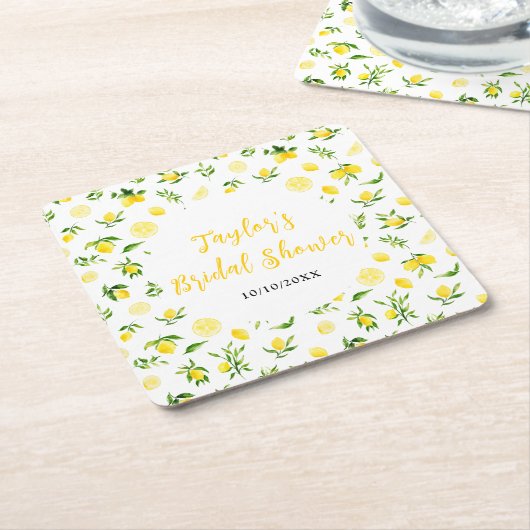 Lemons and Foliage Bridal Shower スクエアペーパーコースター (アングル)