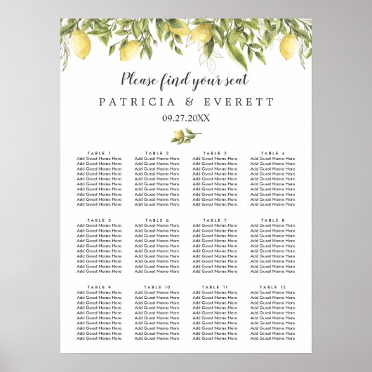 Lemons and leaves Summer Botanical wedding seating ポスター (正面)