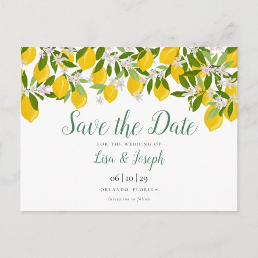 Lemons Blossomスクリプトエレガント日付の保存 ポストカード (正面)