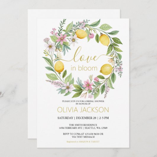 Lemons & Blossoms Spring Garden Bridal Shower 招待状 (正面/裏面)