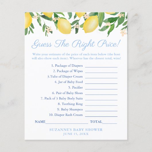 Lemons Blueは正しい価格の赤ちゃんシャワーのゲームを推測 チラシ (正面)