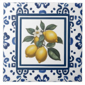 Lemons Blue and White Tribal Folk Art Pattern タイル (正面)