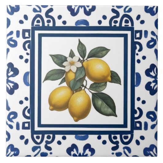 Lemons Blue and White Tribal Folk Art Pattern タイル (正面)
