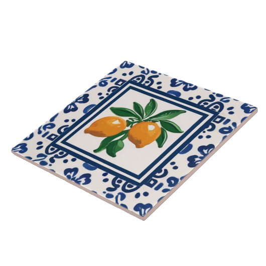 Lemons Blue and White Tribal Folk Art Pattern タイル (側面)