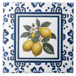 Lemons Blue and White Tribal Folk Art Pattern タイル