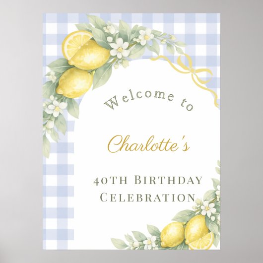 Lemons blue gingham bow garden birthday welcome ポスター (正面)