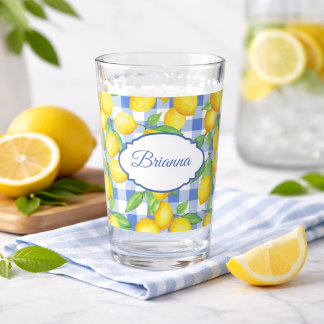 Lemons & Blue Gingham Personalized Glass タンブラーグラス