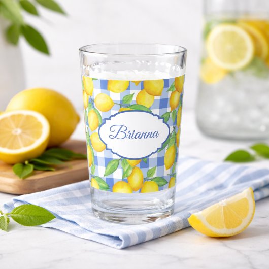 Lemons & Blue Gingham Personalized Glass タンブラーグラス