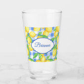 Lemons & Blue Gingham Personalized Glass タンブラーグラス (正面)