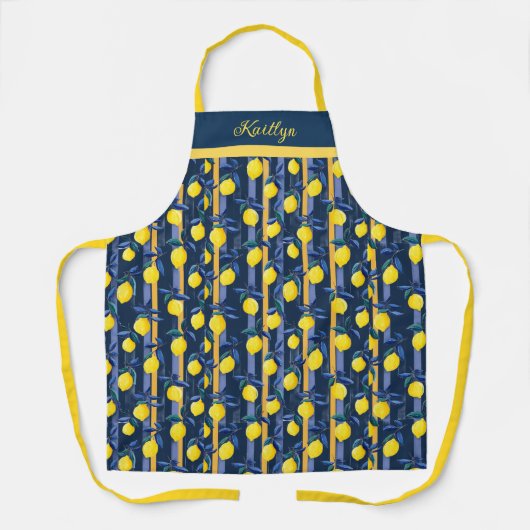 Lemons Blue Gold Stripe Mediterranean Pattern エプロン (正面)