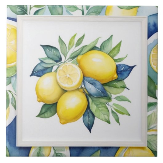 Lemons Blue Green Yellow White Watercolor タイル (正面)