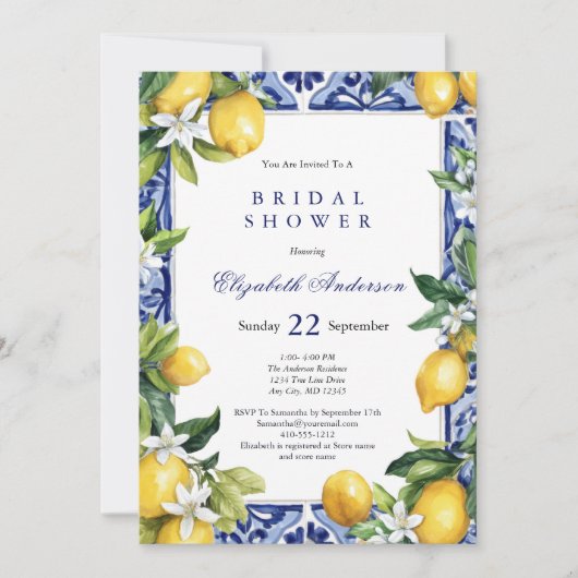 Lemons Blue White Mediterranean Tile Bridal Shower 招待状 (正面)