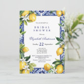 Lemons Blue White Mediterranean Tile Bridal Shower 招待状 (スタンド正面)