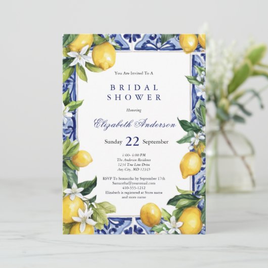 Lemons Blue White Mediterranean Tile Bridal Shower 招待状 (スタンド正面)