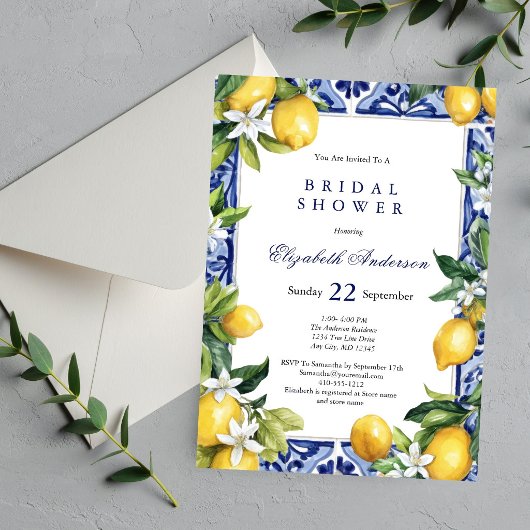 Lemons Blue White Mediterranean Tile Bridal Shower 招待状