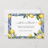 Lemons Blue White Tile Mediterranean Wedding サンキューカード (正面)