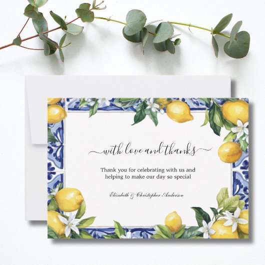 Lemons Blue White Tile Mediterranean Wedding サンキューカード