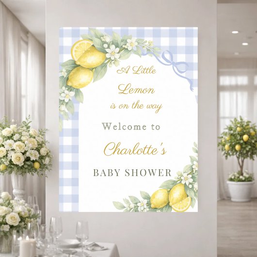 Lemons gingham blue bow boy welcome Baby Shower ポスター