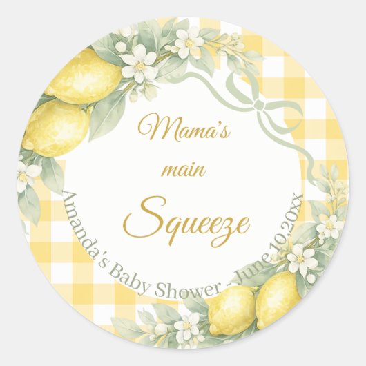 Lemons gingham mama's main squeeze Baby Shower ラウンドシール (正面)