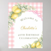 Lemons gingham pink bow garden birthday welcome ポスター (正面)