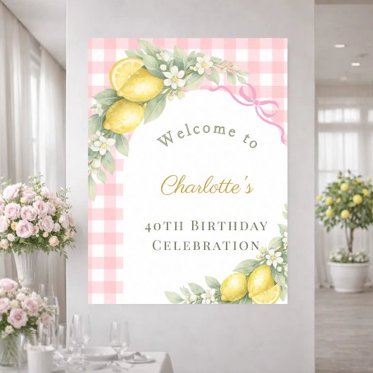 Lemons gingham pink bow garden birthday welcome ポスター