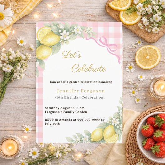 Lemons gingham pink bow summer garden tea birthday 招待状