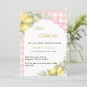 Lemons gingham pink bow summer garden tea birthday 招待状 (スタンド正面)