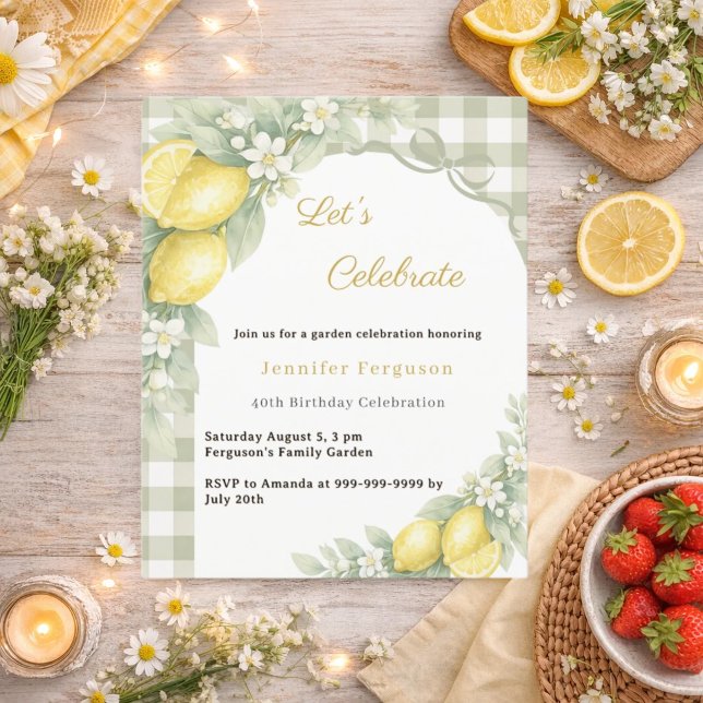 Lemons gingham sage garden tea birthday invitation (クリエイターアップロード済み)