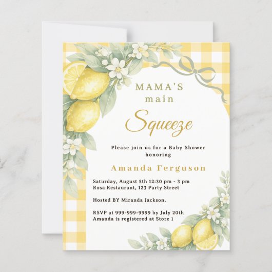 Lemons gingham squeeze bow Baby Shower invitation (正面)