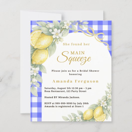 Lemons gingham squeeze Bridal Shower invitation (正面)