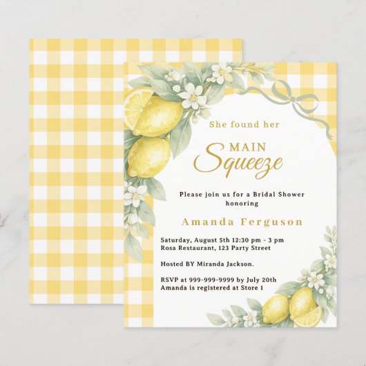 Lemons gingham squeeze Bridal Shower invitation (正面/裏面)