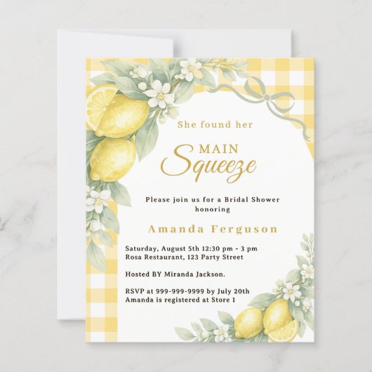 Lemons gingham squeeze Bridal Shower invitation (正面)