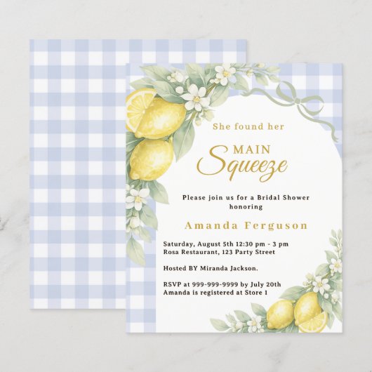Lemons gingham squeeze Bridal Shower invitation (正面/裏面)