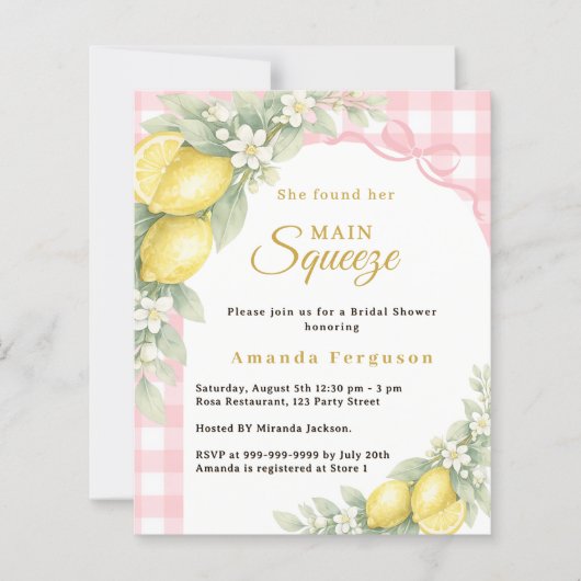 Lemons gingham squeeze Bridal Shower invitation (正面)