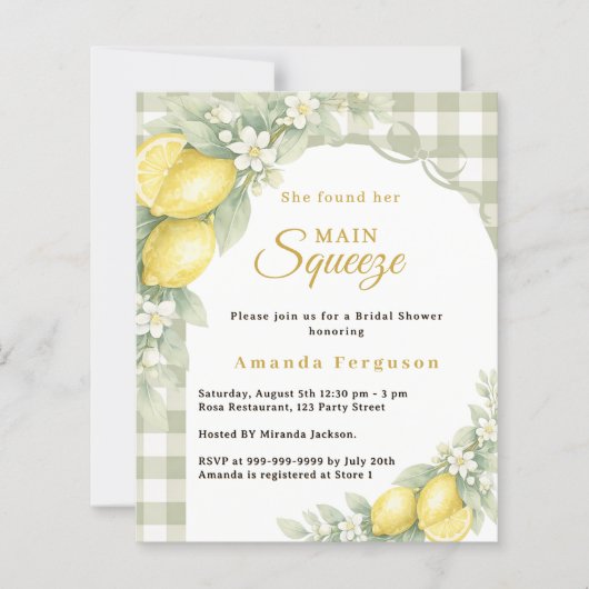 Lemons gingham squeeze Bridal Shower invitation (正面)