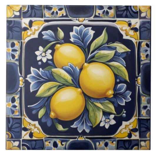 Lemons Mediterranean Dark Blue Italian Folk Art タイル (正面)