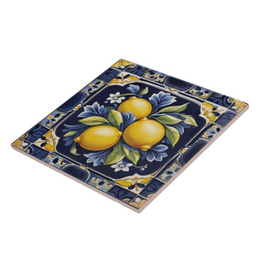 Lemons Mediterranean Dark Blue Italian Folk Art タイル (側面)